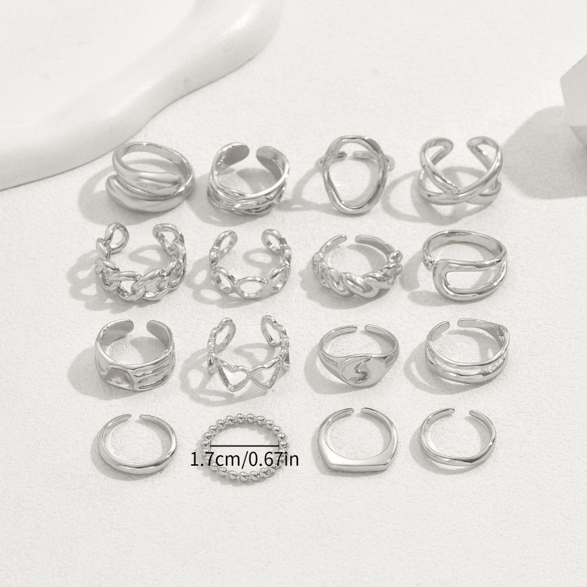 Flexible 16 Piece Geometric Ring Set