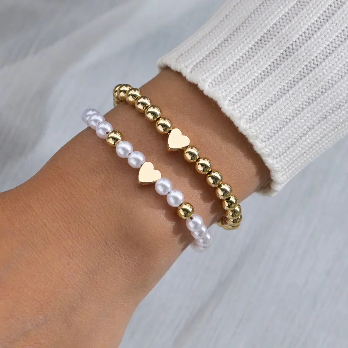 Elegant 2pc White Gold Beaded Heart Charm Bracelets - Halri