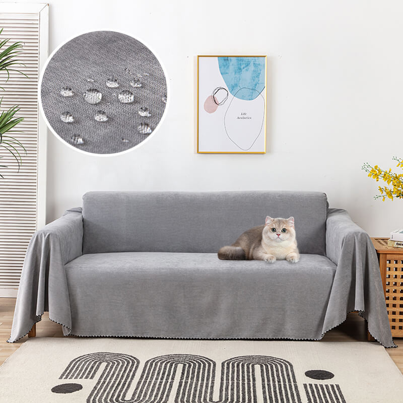 Waterproof Faux Fur Sofa Blanket with Decorative Trim