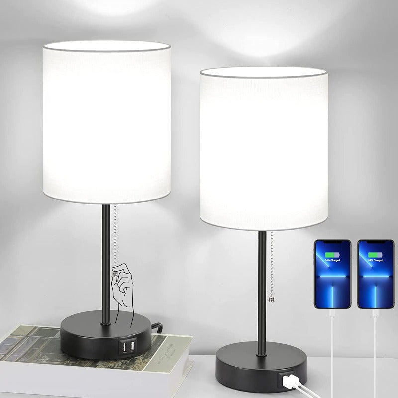 Compact Gray Bedside Table Lamps with USB Ports