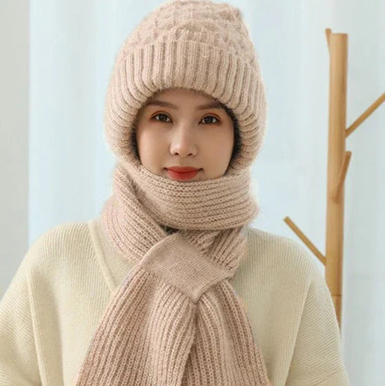 Warm Fleece Hood Hat with Scarf