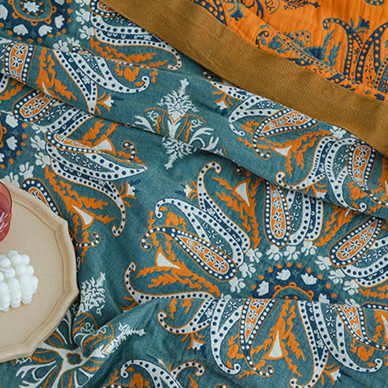 Double-Sided Floral Cotton Quilt โ Organic Fabric in Dark Cyan, Soft and Breathable for Year-Round Comfort 6