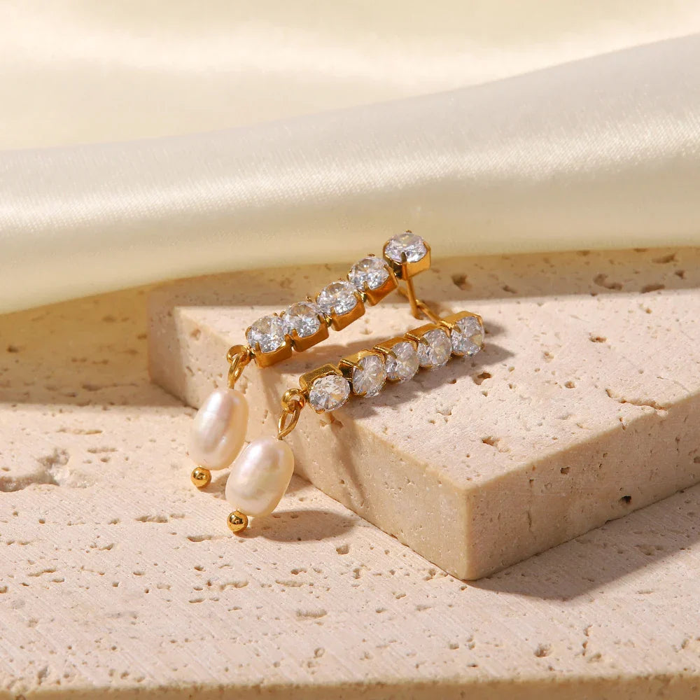 Delicate 18k Gold Pearl Drop Diamond Earrings - Halri