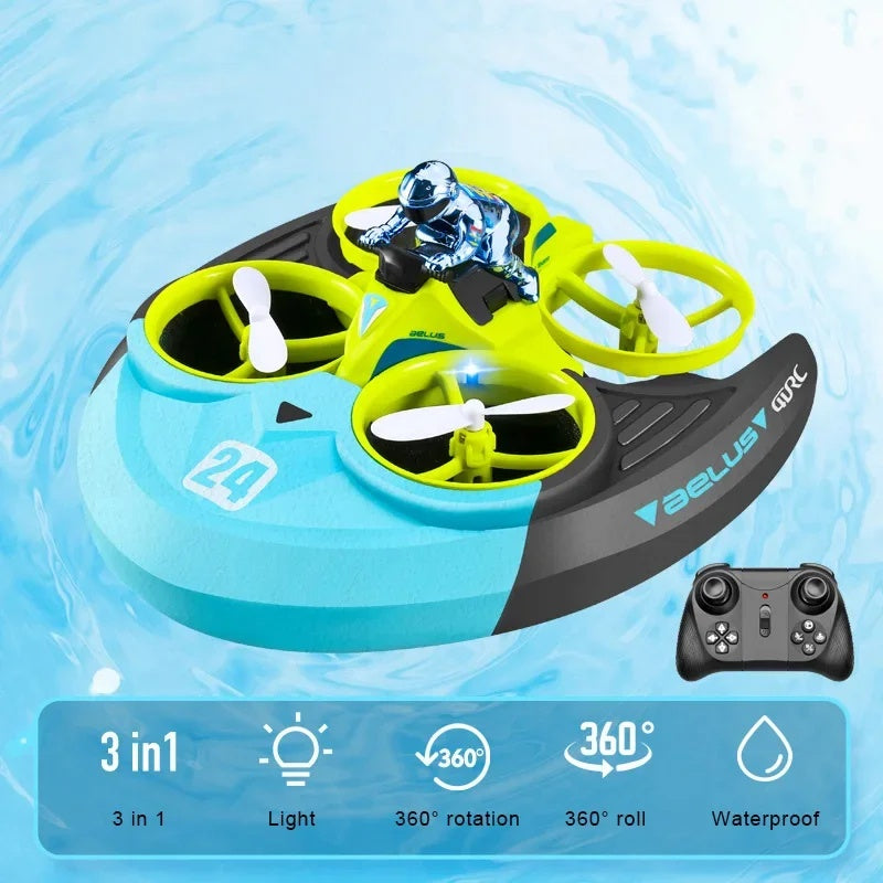 Amphibious RC Toy with 3-in-1 Air, Land & Water Modes, 360ยฐ Flips & Rotations, LED Lights for Night Flying, Safe for Ages 8+