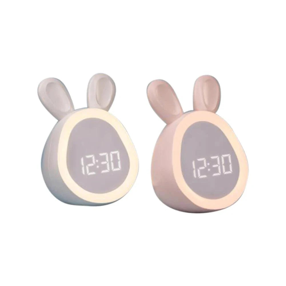 Children's Alarm Clock with LED Night Light โ Cute Bunny Design in White and Pink, Energy Saving and Voice Control 3