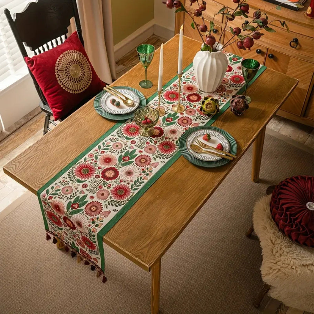 Decorative Flower Embellished Tassel Table Runner - Halri