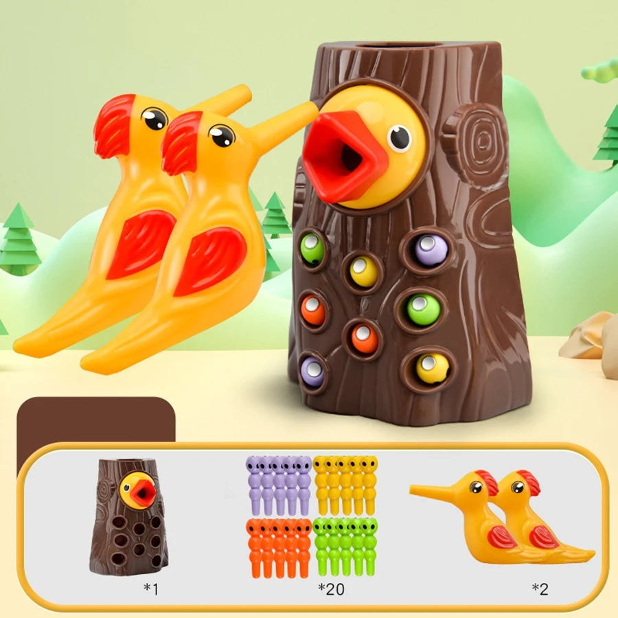 Magnetic Woodpecker Catching Game with Educational Toy with Colorful Worms, Safe for Ages 1+