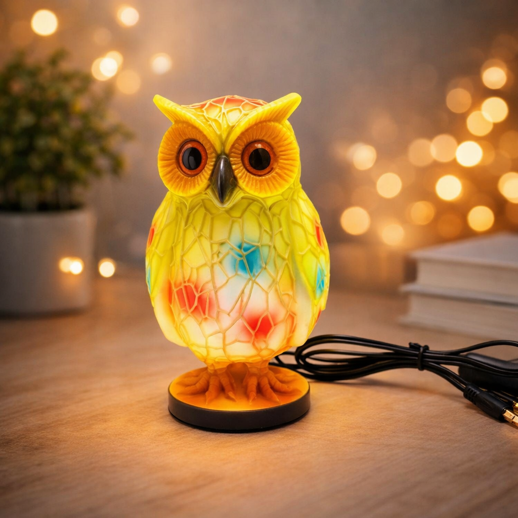 Unique Owl Table Lamp – Handmade Resin Desk Light - Halri