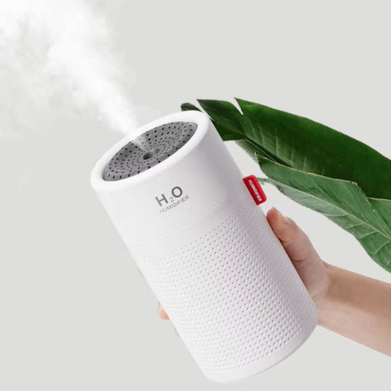 White cylindrical device with 'H2O' branding held by a hand against a light background