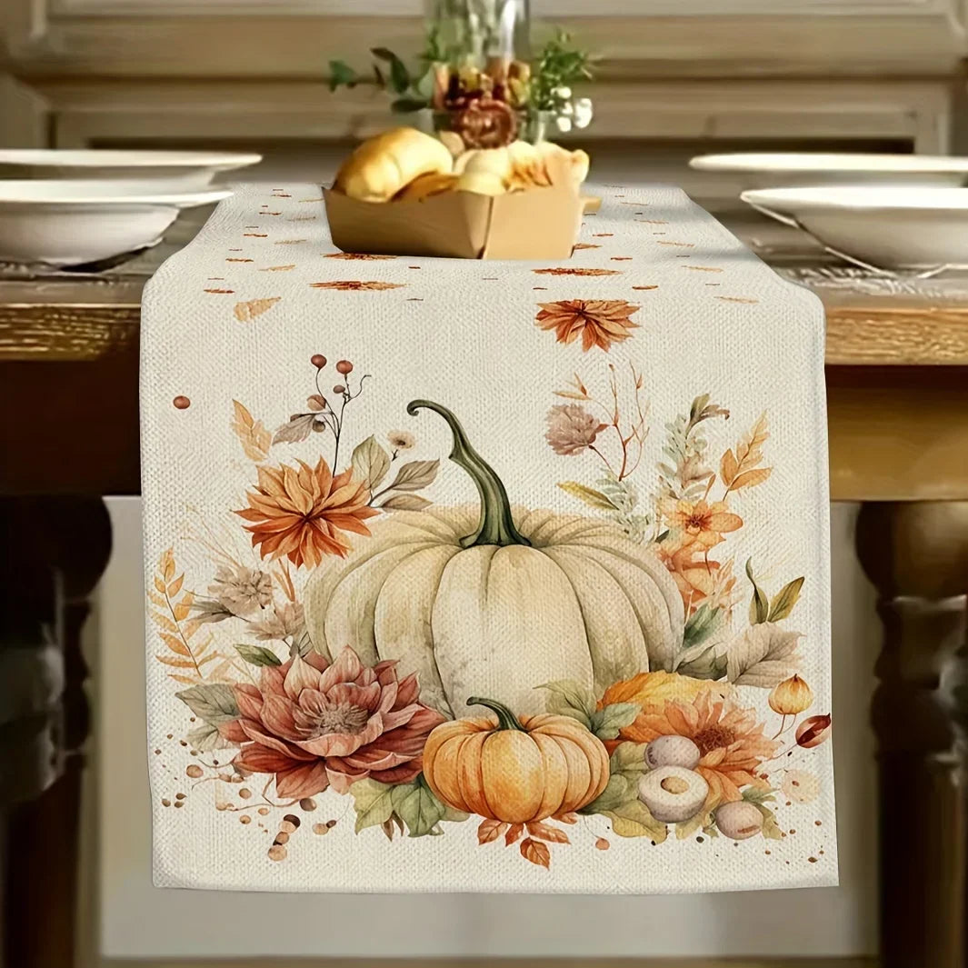 Cozy Fall Table Runner with Pumpkins and Flowers - Halri