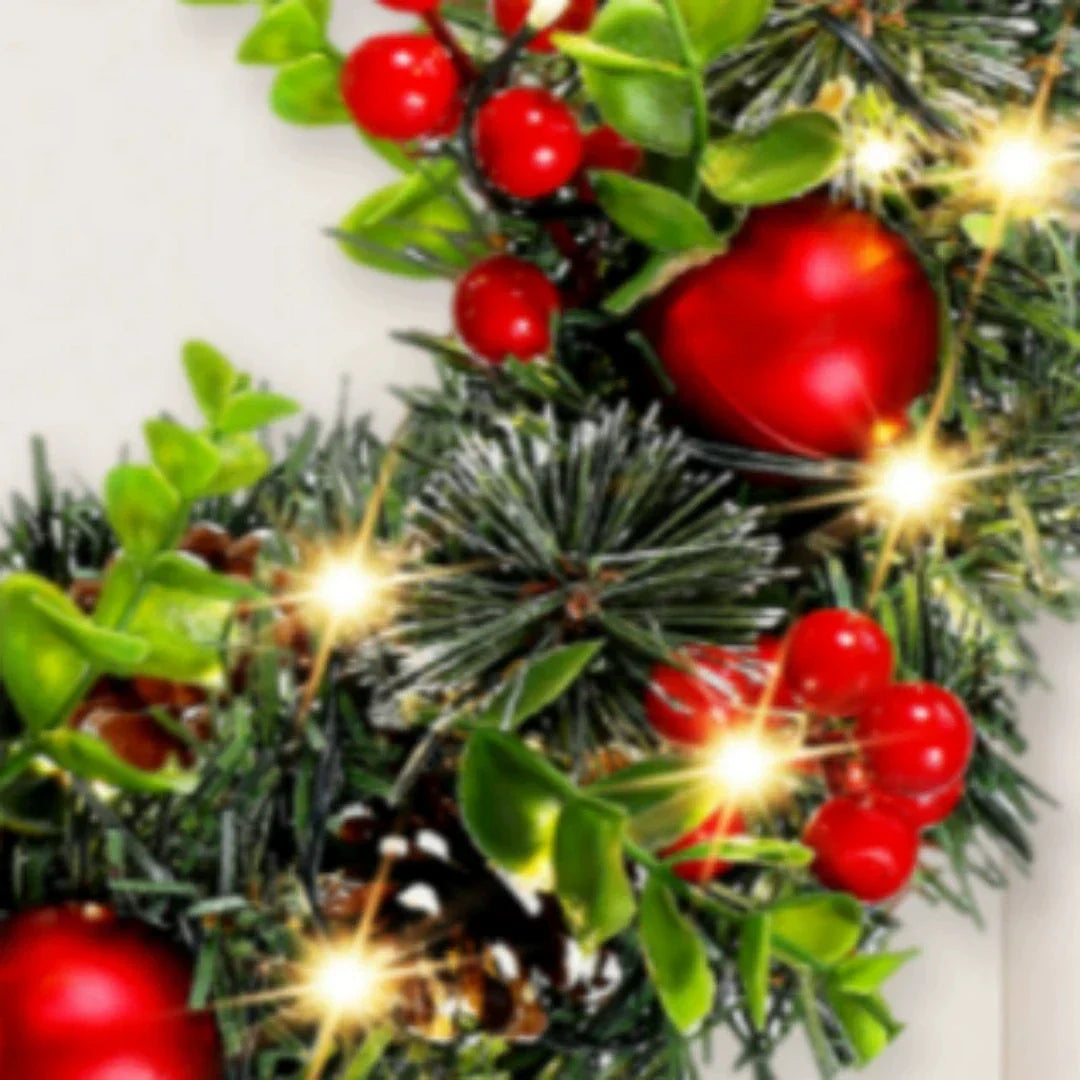Holiday Christmas Wreath with LED Lights & Red Decor - Halri