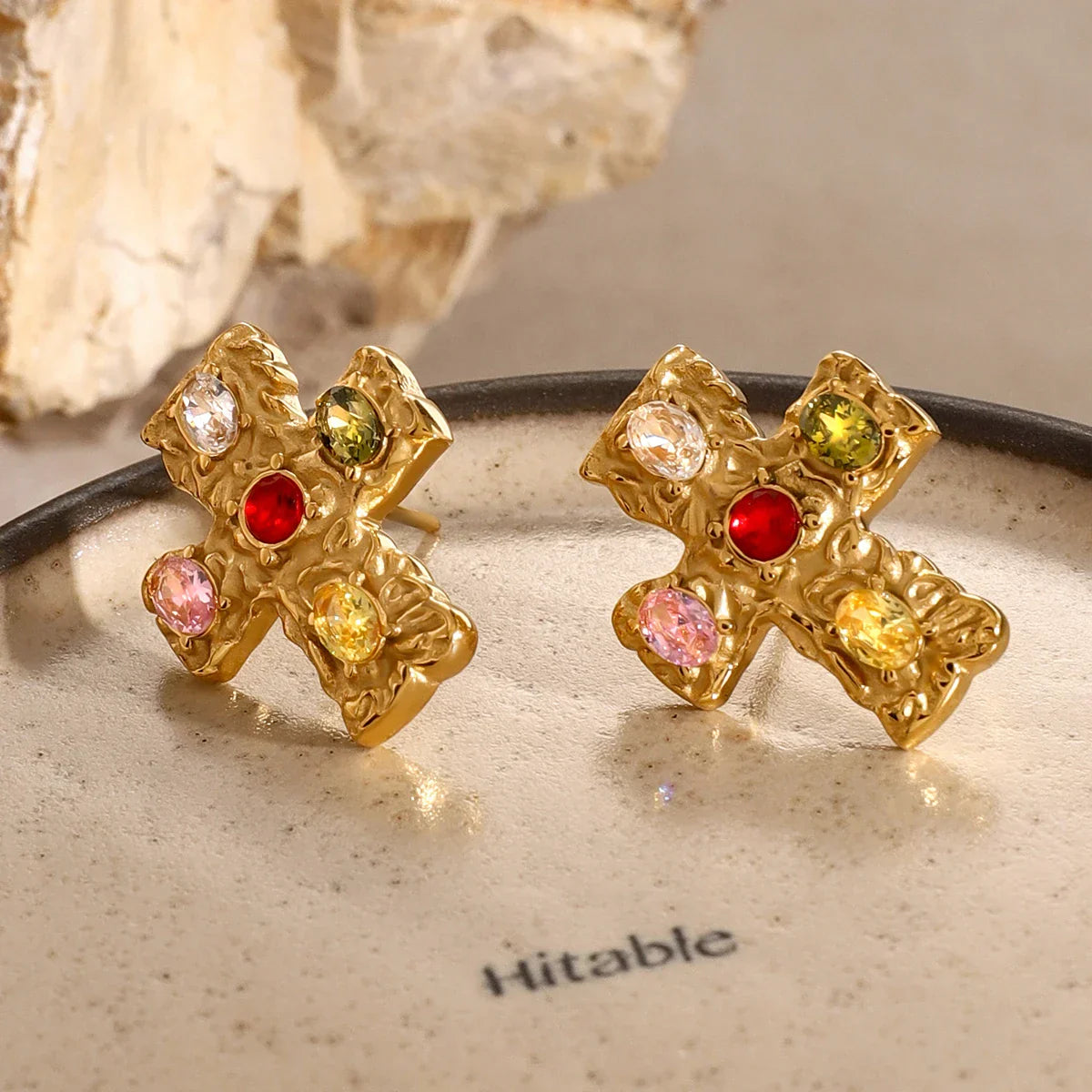 Luxury 18k Gold Diamond Oval Cross Earrings