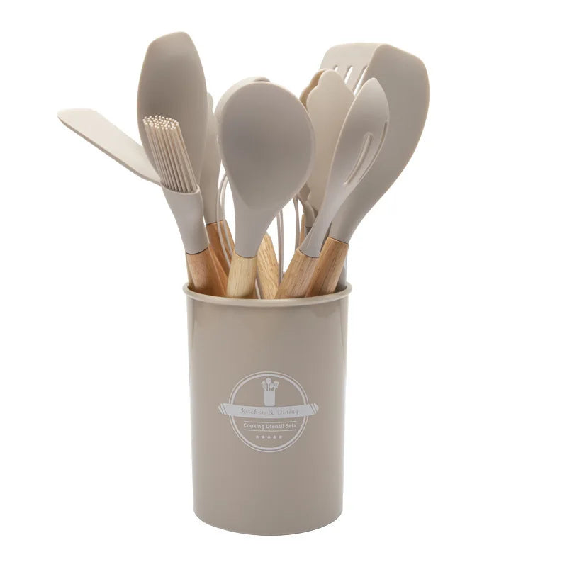 Non-Stick Silicone Kitchen Tool Set with Wooden Handles