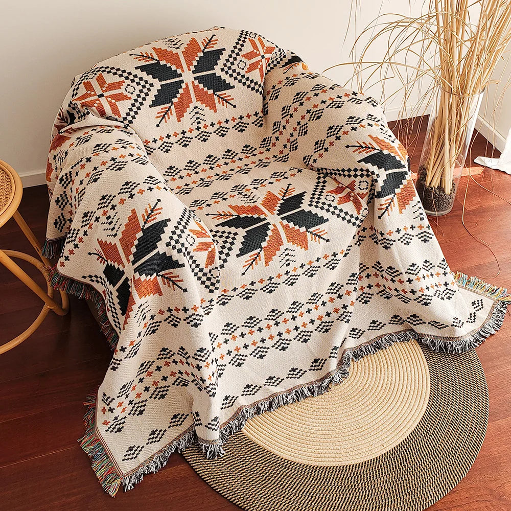 Large Aztec Pattern Throw Blanket with Tassels