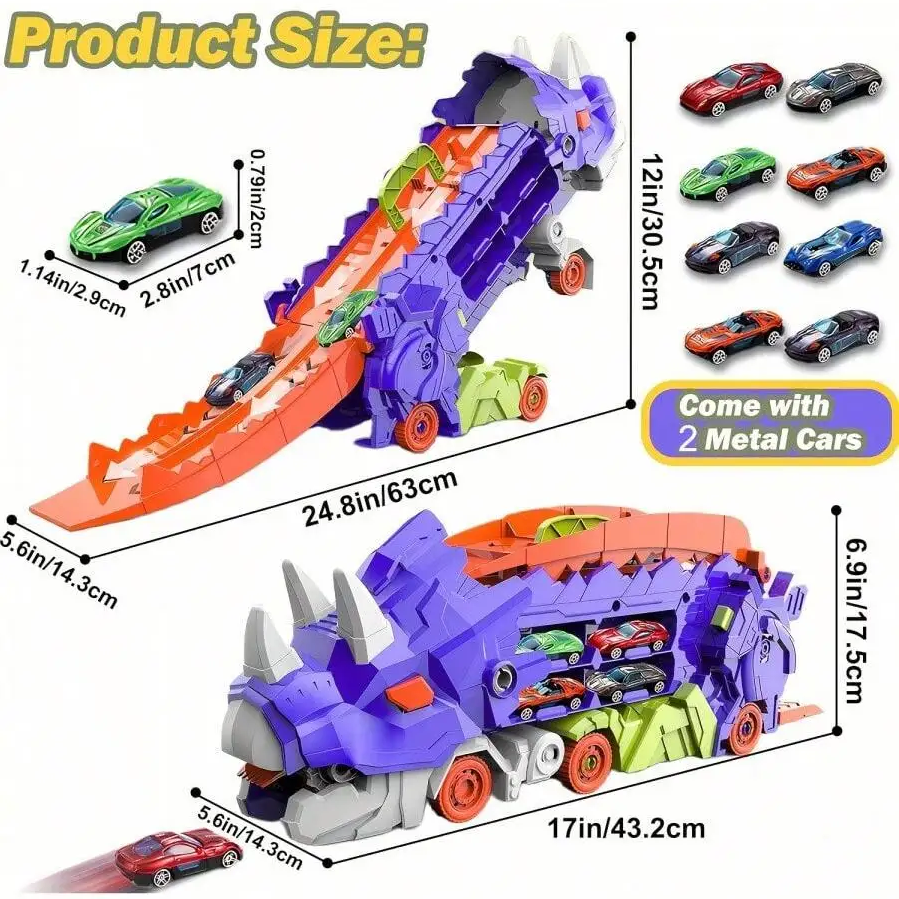 Transport Dinosaur Car Play Truck - 25-Inch Race Track, Transforms Standing T-Rex โ Safe for Ages 3+