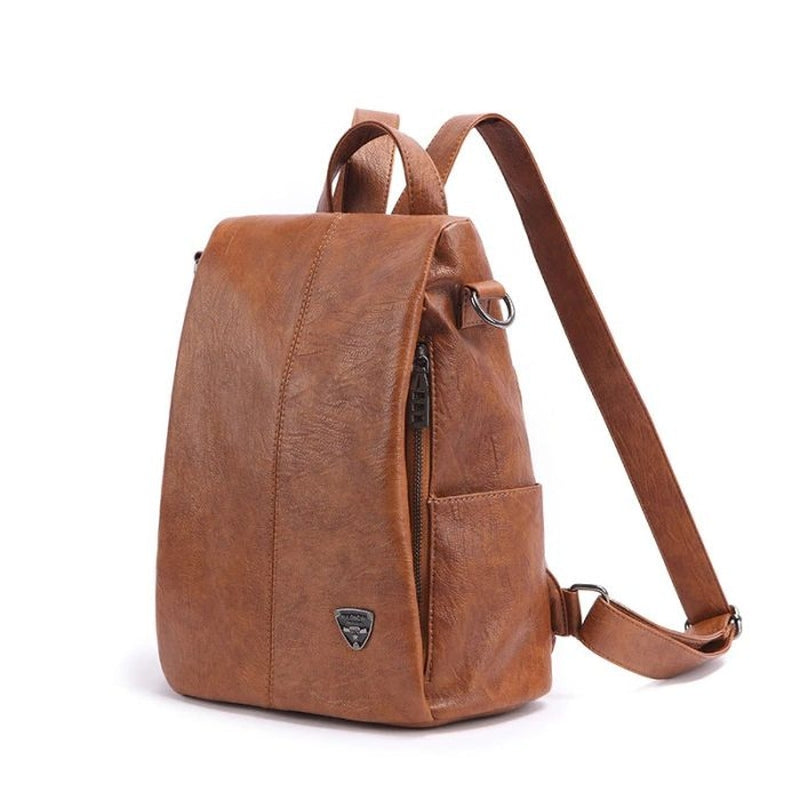 Secure Women's Leather Travel Backpack with Rear Zipper