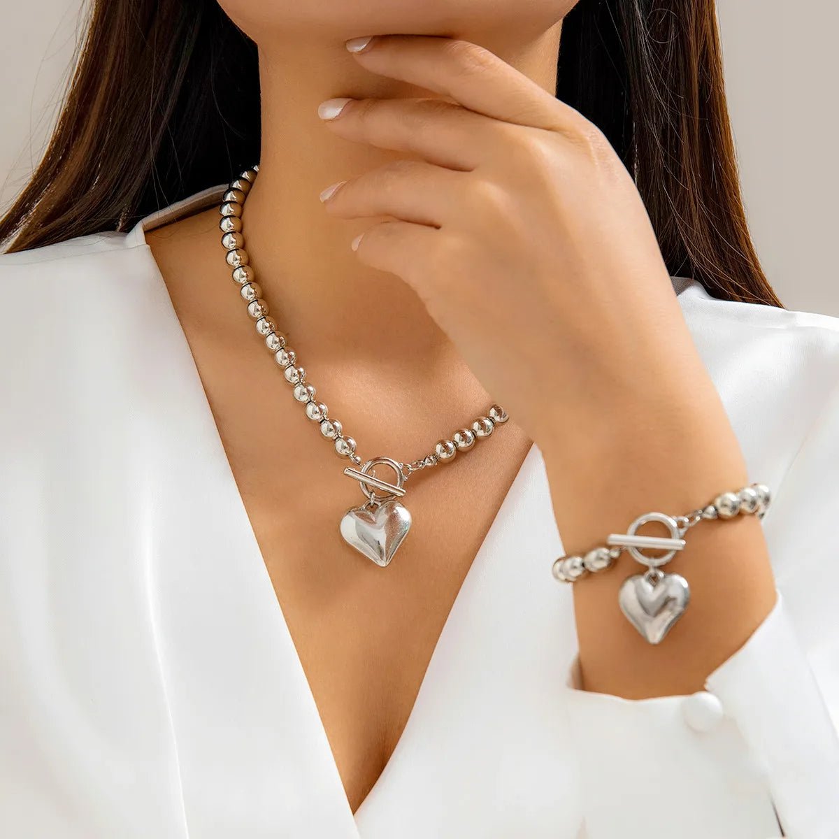 Beaded Heart Charm Bracelet and Necklace Set