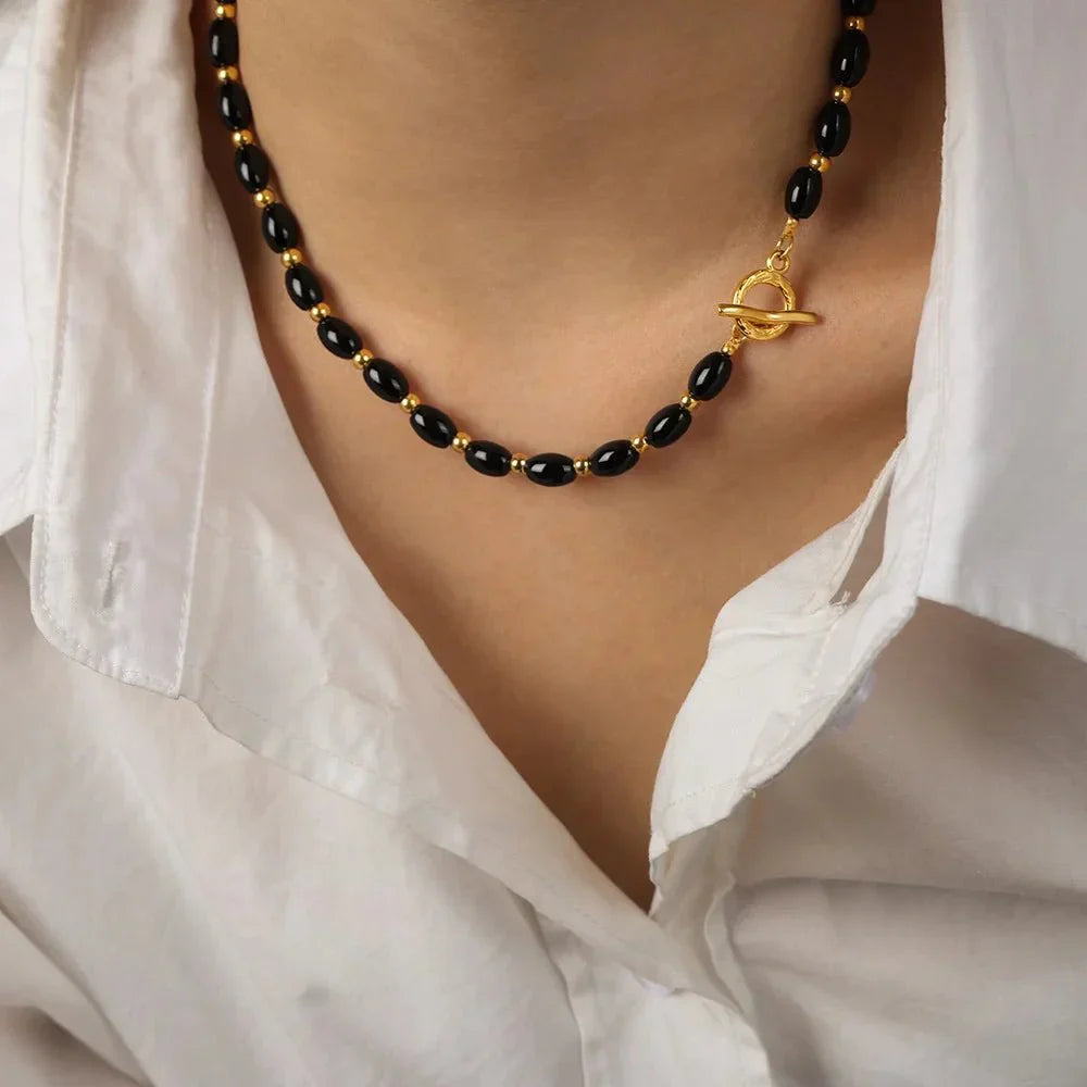 Trendy Beaded Gold Tone Circle Bar Necklace - Halri