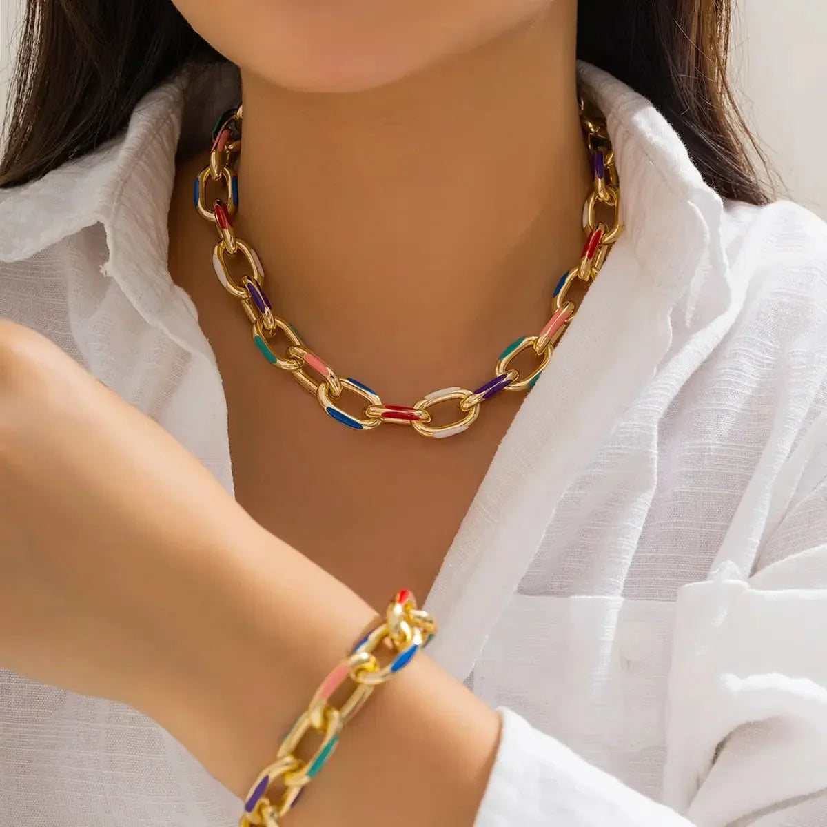Vibrant Chain Jewelry Set Necklace and Bracelet - Halri