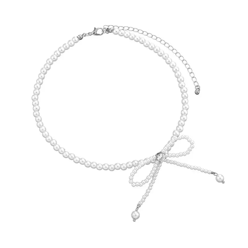 Delicate Beaded White Pearl Bow Choker Necklace