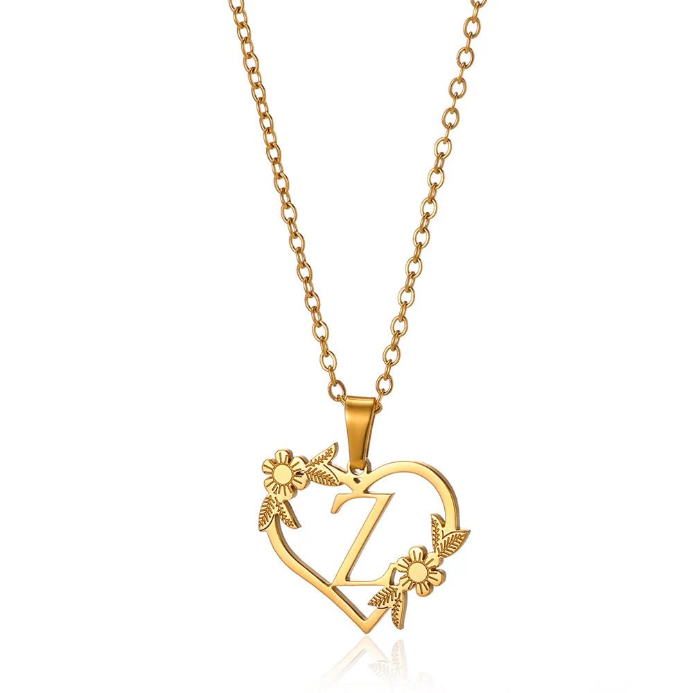 Delicate Floral Initial Heart Pendant Necklace