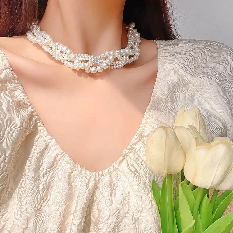 Delicate White Pearl Layered Choker Necklace - Halri