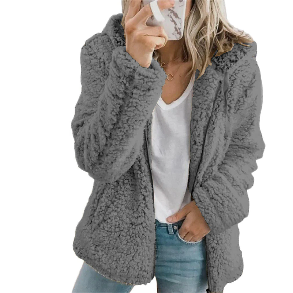 Warm Faux Fur Teddy Coat with Pockets and Zipper
