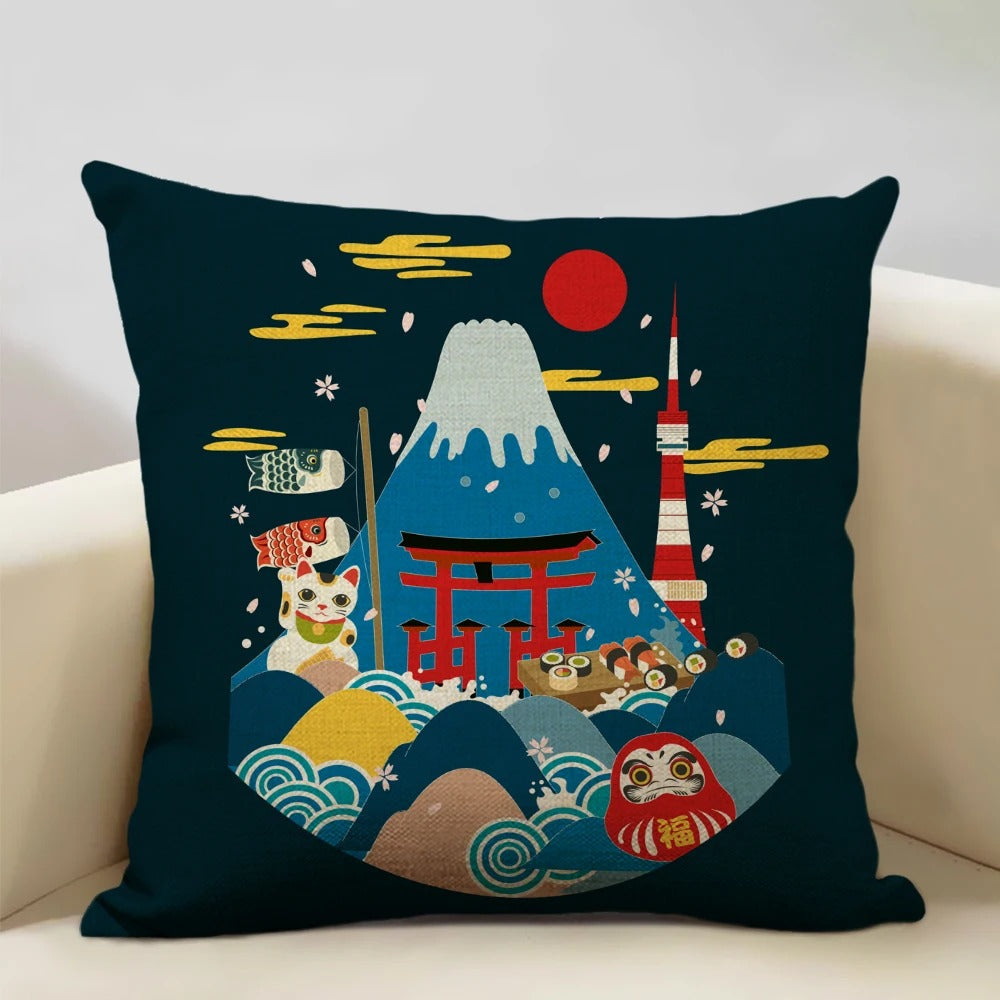 Traditional Japanese Inspired Mount Fuji Pillow Cover