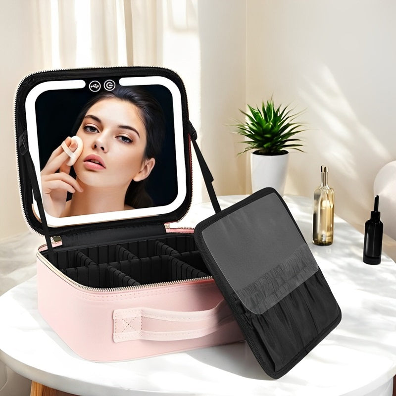 Portable Cosmetic Case with LED Light and Large Compartment