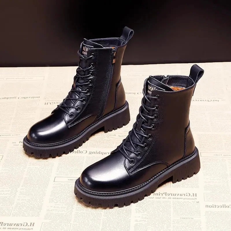 Tough Waterproof Black Leather Snow Boots