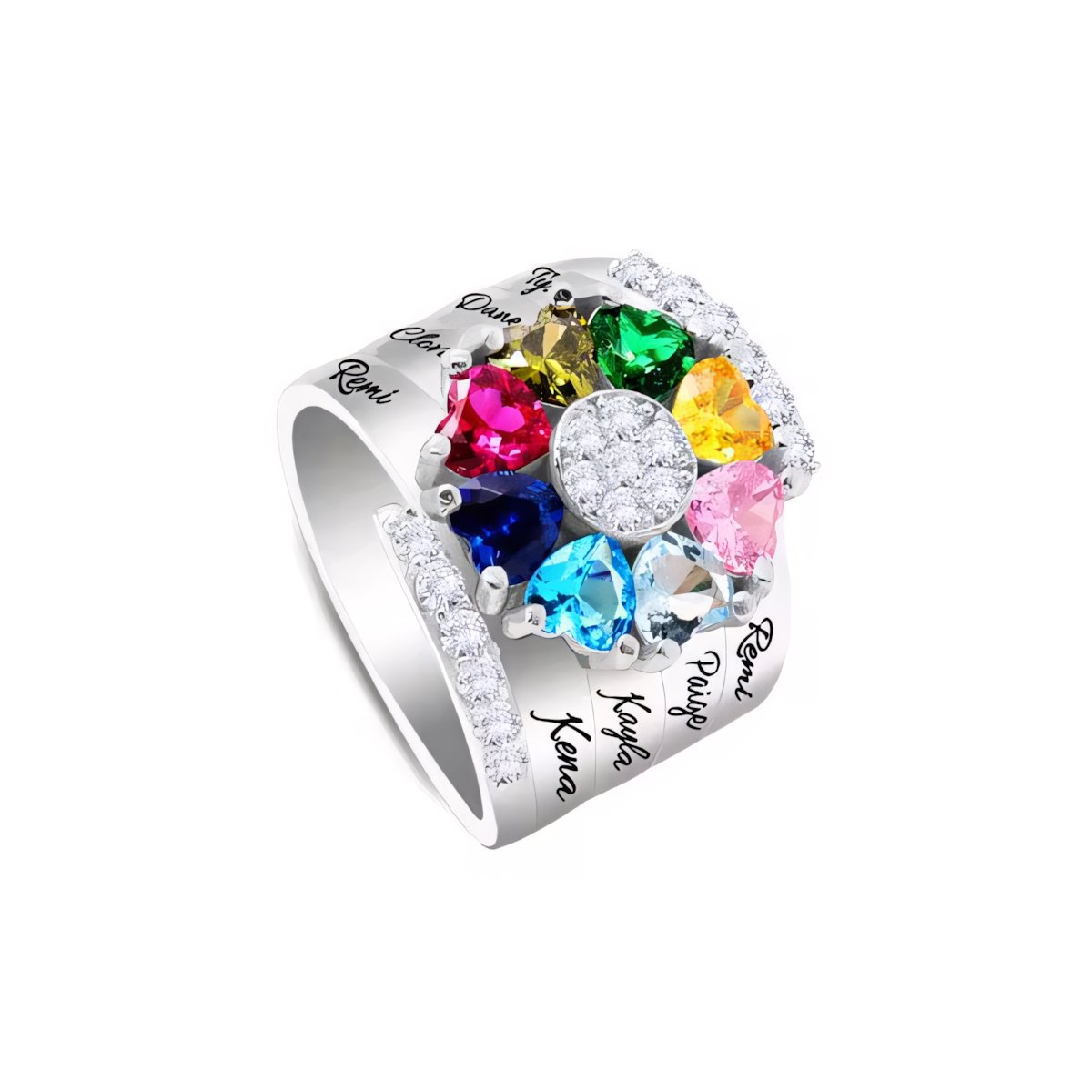 Custom Diamond Heart Name Birthstone Necklace Ring