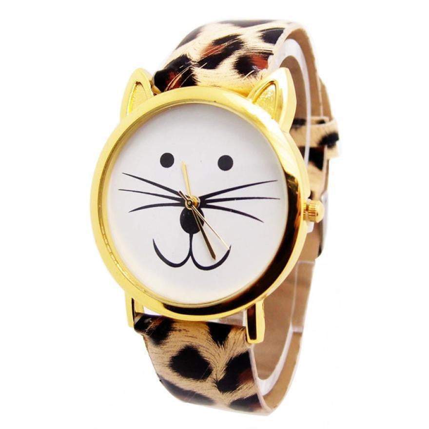 Stylish Cat Face Faux Leather Quartz Wristwatch - Halri