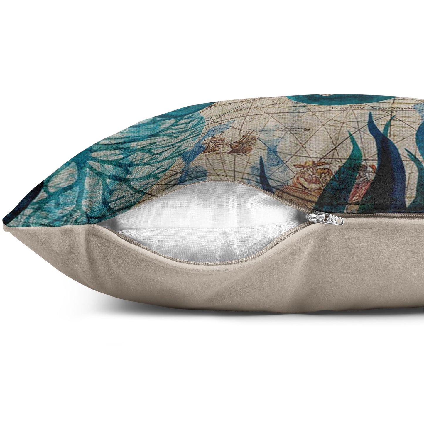 Decorative pillow with a map design on a white background