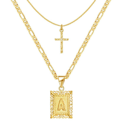 Personalized 14k Gold Initial and Cross Pendant Set