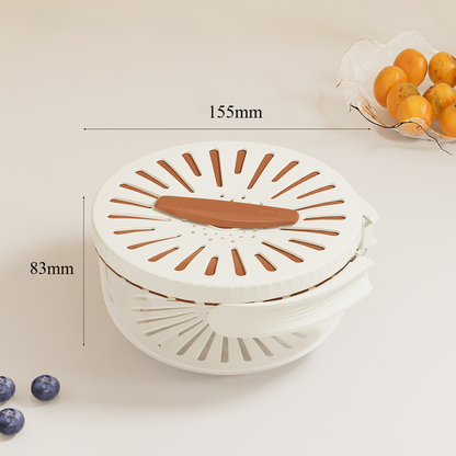 White kitchen tool with brown accents and measurements on a light background