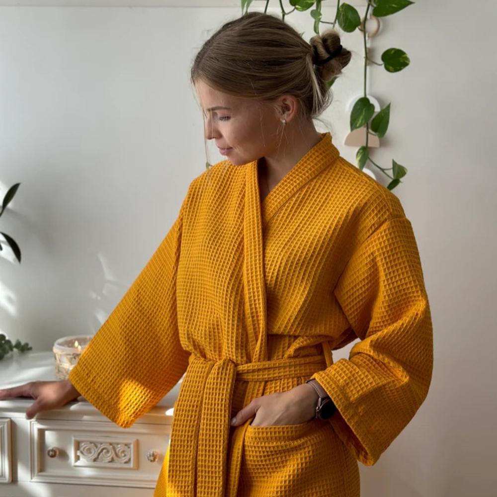 Soft Cotton Waffle Spa Robe with Classic V Neck - Halri