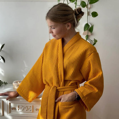 Soft Cotton Waffle Spa Robe with Classic V Neck - Halri