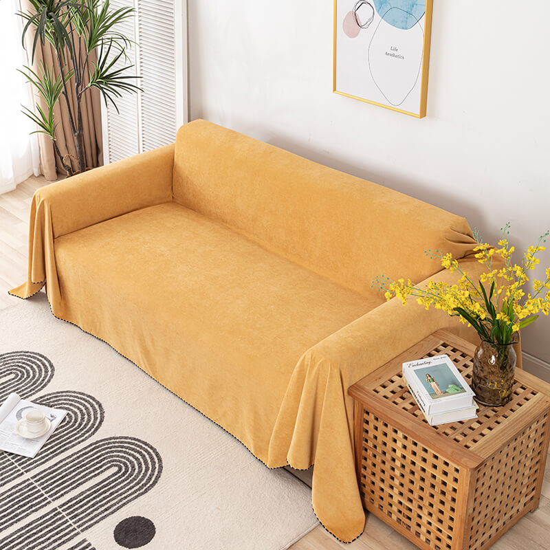Waterproof Faux Fur Sofa Blanket with Decorative Trim