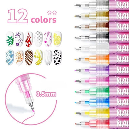 12-Color Nail Art Pen Set with Ultra-Fine 0.5mm Tip, Water-Based Ink – Safe, Quick-Drying, and Waterproof