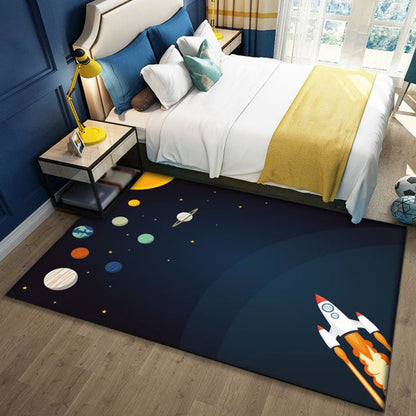 Fun Galaxy Design Kids Rug Blue Polyester Non-Slip