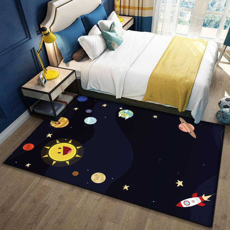 Fun Galaxy Design Kids Rug Blue Polyester Non-Slip - Halri