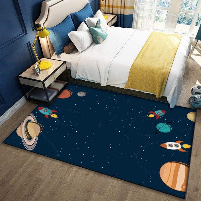 Fun Galaxy Design Kids Rug Blue Polyester Non-Slip