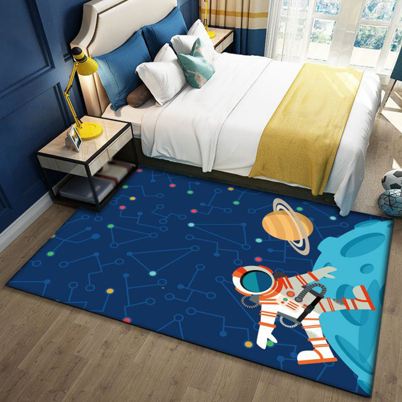 Fun Galaxy Design Kids Rug Blue Polyester Non-Slip