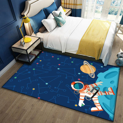 Fun Galaxy Design Kids Rug Blue Polyester Non-Slip