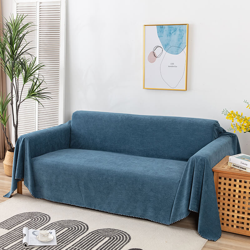 Waterproof Faux Fur Sofa Blanket with Decorative Trim