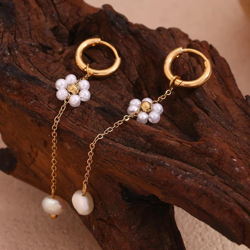Luxurious Long Pearl Drop Flower Earrings - Halri
