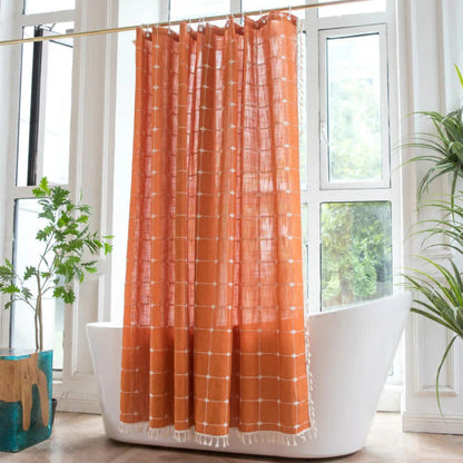 Soft Cotton Shower Curtain with Tassel Trim and Waterproof Coating