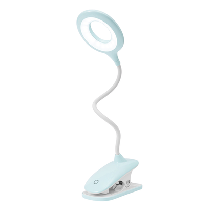 Light blue LED reading lamp with flexible neck on a white background