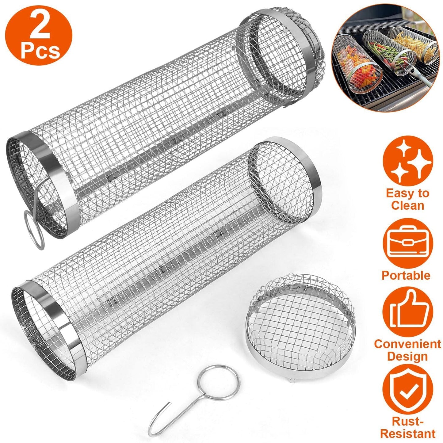 Compact 2-Piece BBQ Rolling Grill Stainless Steel Set