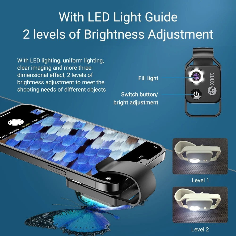 200X Zoom Professional Microscope Lens for Smartphones with Clip, Built-in LED Fill Light
